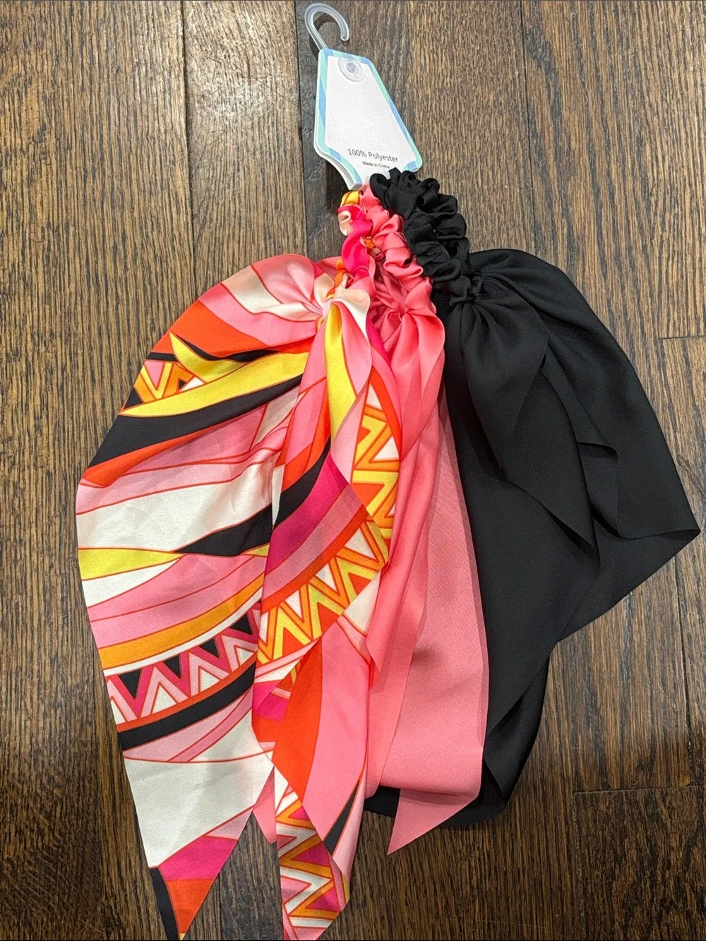 Piper K Satin Scarf Scrunchie Set - Pink & Black